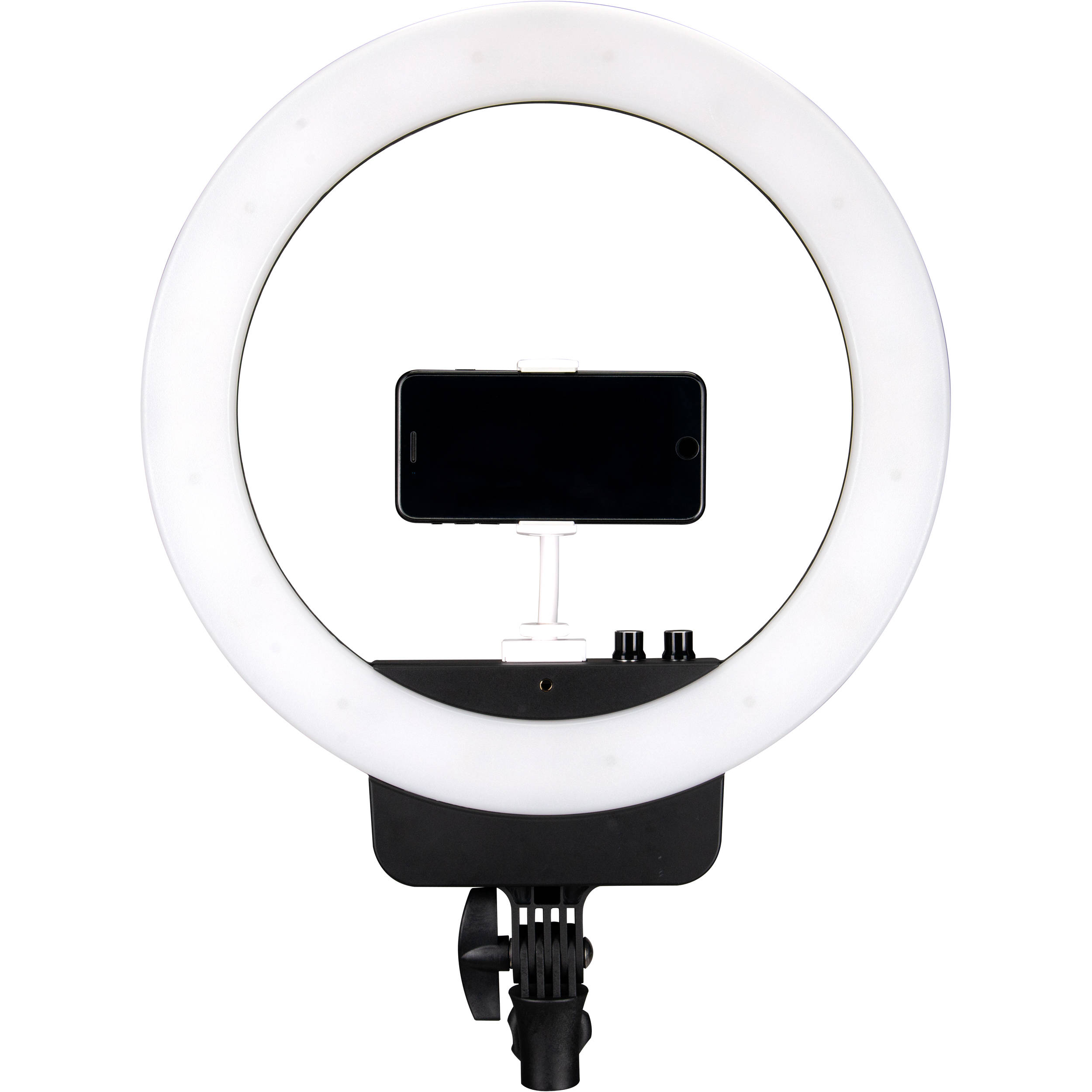 Premium Vector  Realistic led selfie makeup ring light smartphone holder  stand on black background