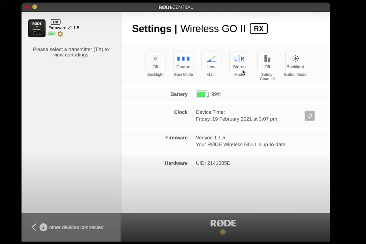 Rode Wireless Go II - Ứng dung Rode Central cho Mac và Windows