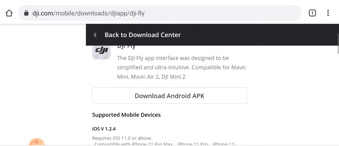 DJI Fly cho Android - Truy cập trang web bằng điện thoại để download file