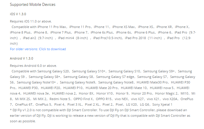 DJI Fly cho Android - Thiết bị hỗ trợ