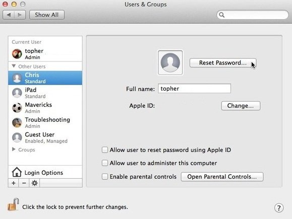chọn tài khoản bạn đã quên mật khẩu macbook