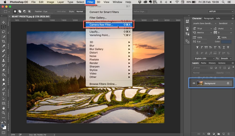 Cách bật tính năng Adobe Camera RAW trong Photoshop
